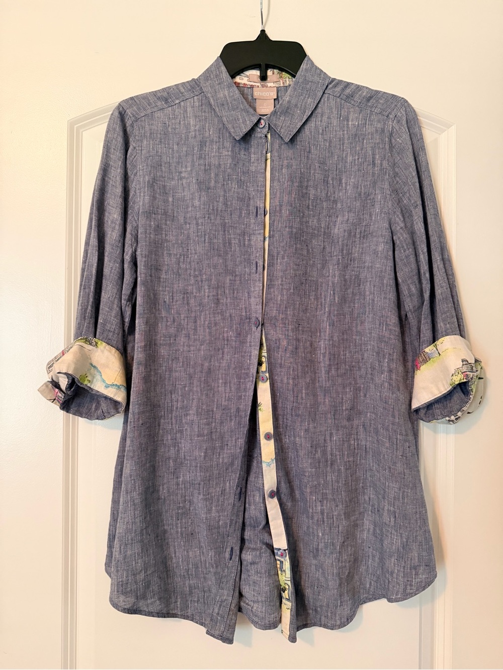 Chico's Blue Chambray Shirt with Printed Trim